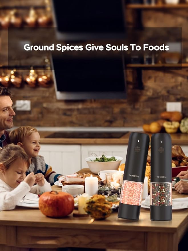 TOMEEM Electric Salt and Pepper Grinder Set with LED Lights ??Rechargeable Automatic Pepper and Salt Mill with 6 Adjustable Coarseness for Kitchen, BBQ & Gifts