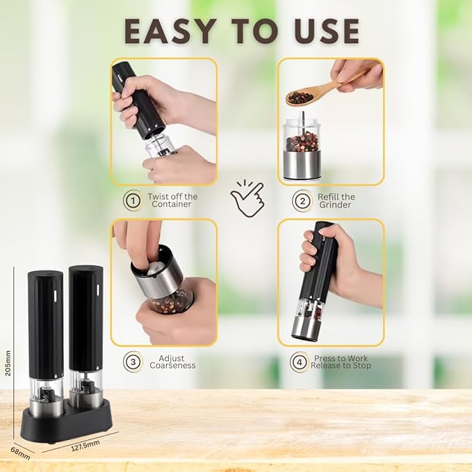 Rechargeable Electric Salt and Pepper, Automatic shaker Grinder Mill, LED Light, One-Hand Operation, Adjustable Coarseness, USB-C Charging, ABS & Stainless Steel, Stand Included.