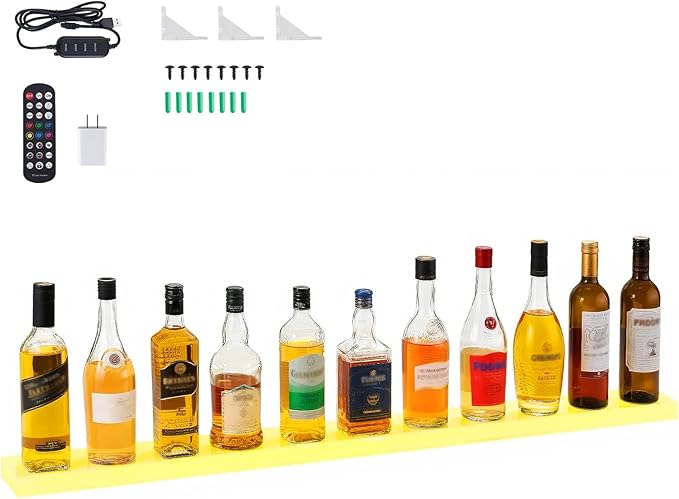 VEVOR LED Lighted Liquor Bottle Display, 1 Tier 48 Inches Whiskey Rack, Supports USB, Illuminated Home Bar Shelf with RF Remote & App Control, 7 Static Colors, Acrylic Lighted Shelf for 12 Bottles