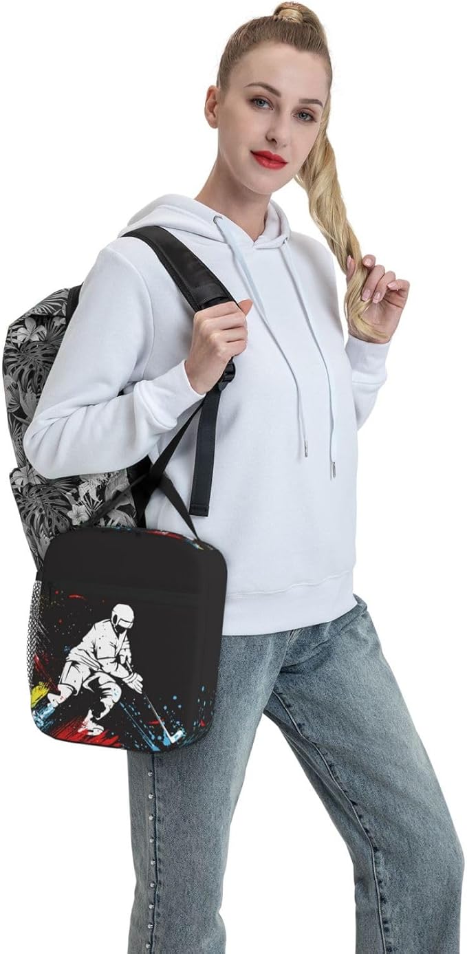 YIJIUWKIS Sports Lunch Bag for Boys Hockey Insulated Lunch Box with a Ice Hockey Player Pattern Print, Black Cooler Thermal Lunch Bag Tote Handbag with Water Bottle Holder for Kids Teens Adults