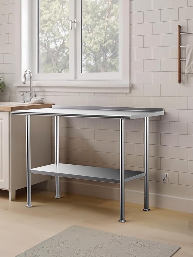 All-Stainless Steel Prep Table, 24 X 48 Inch, with Rounded-Corner Backsplash and Adjustable Undershelf, Heavy-Duty for Outdoor Use,Restaurants,Hotels,Workshops,Kitchens,Gardens, and Garages
