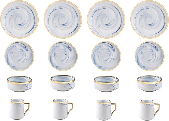 16 Piece Plates and Bowls Sets, Fine China Artisan Marbled Dinner Set for 4, Dishwahser Safe, Scratch Resistant, Blue with Gold Line
