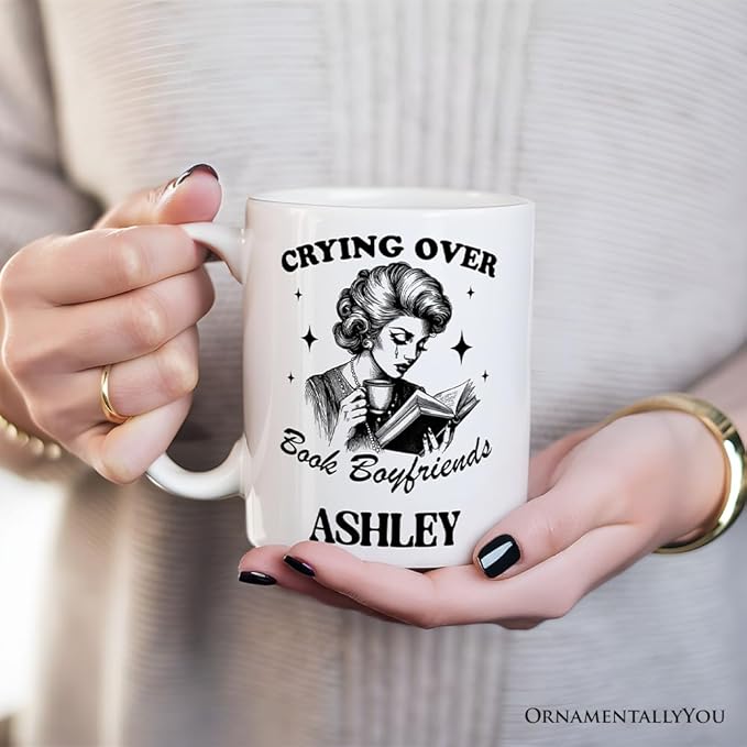 OrnamentallyYou Personalized Valentine Mug (Crying Over Book Boyfriends Personalized Mug, Retro Anti-Valentine Funny Gift With Custom Name)