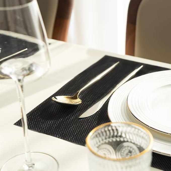 SUMYMERY Placemats Set of 8 Vinyl/Plastic Woven Place Mats for Kitchen Table Indoor/Outdoor Washable Placemat Wipeable Dining Table Mats (Full Black,8)