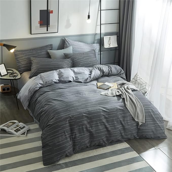 LifeTB Striped Comforter Set Queen Grey Striped Bedding Comforter 3 Pieces Geometric Comforter Set 1 Stripe Comforter Queen with 2 Pillowcases Grey Stripe Fluffy Bed Set for All Seasons