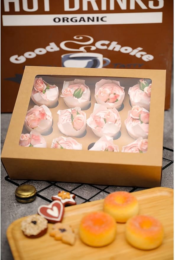 qiqee Auto-pop Up Cupcake Boxes with Window Brown 40PCS 12 Count Cupcake Box 13"x10"x3.5" Cupcakes Carrier, 12 Cupcake Containers with 2 rolls of pink ribbons