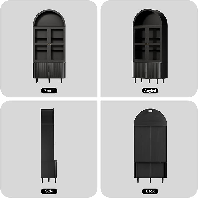 DHH 71" Tall Arched Kitchen Pantry, Modern Farmhouse Wood Kitchens Storage Cabinets with Sliding Doors竊?Adjustable Shelves, Versatile Cupboard for Kitchen, Living Dining Room, Bathroom (Black)