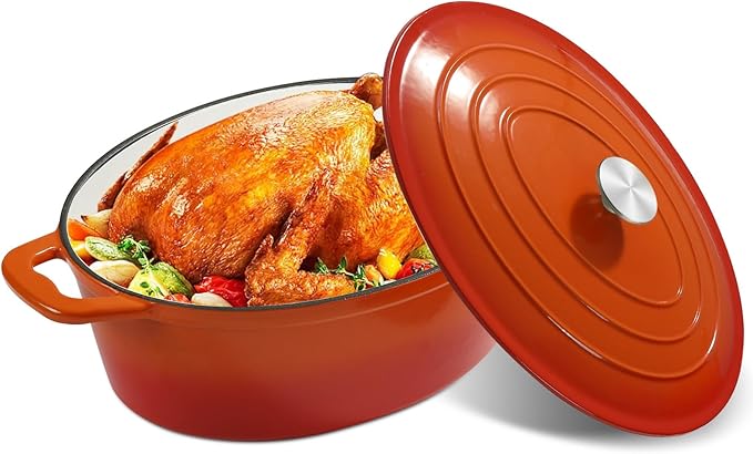 Enameled Oval Dutch Oven Pot with Lid, 8 QT Cast Iron Dutch Oven with Dual Handles for Cooking, Bread Baking, Frying, Non-stick Enamel Coated Oven (8 QT Orange)