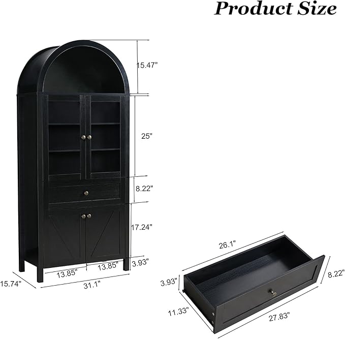 Arched Pantry Cabinet, 71" Tall Arched Cabinet with Adjustable Shelves and Glass Doors, Kitchen Pantry Cabinets, Cupboard with Barn Doors for Kitchen or Living Room, Black