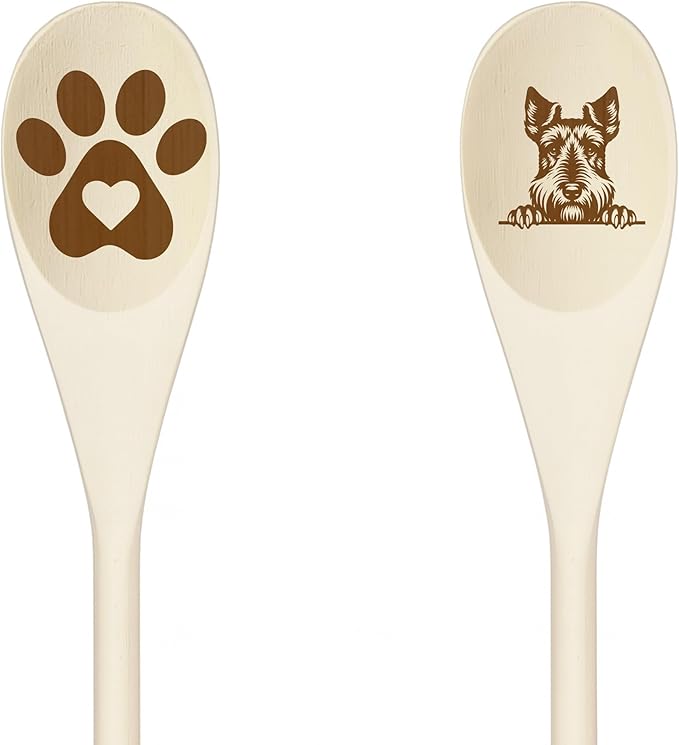 WELSHTERRIER Wooden Spoons for Cooking, Serving or Decorative Kitchen Utensils Set Dog Lover Dog Mom/Dad Gift with Peeking Dog Designs, Paw Print and Dog Head, Kitchen Utensils Set of 2