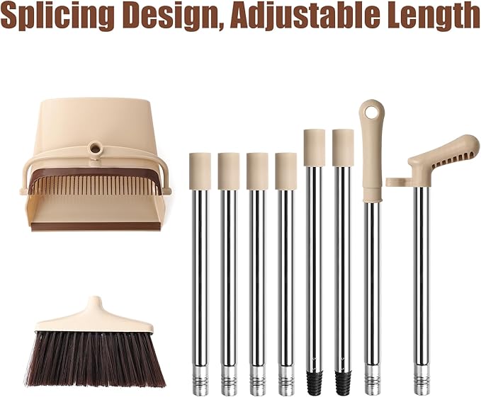 Broom and Dustpan Set with Long Handle ??Upright Standing Broom Combo with Self-Cleaning Teeth & Windproof Dustpan, Floor Sweeper for Home, Kitchen, Pet Hair, Indoor Outdoor Use