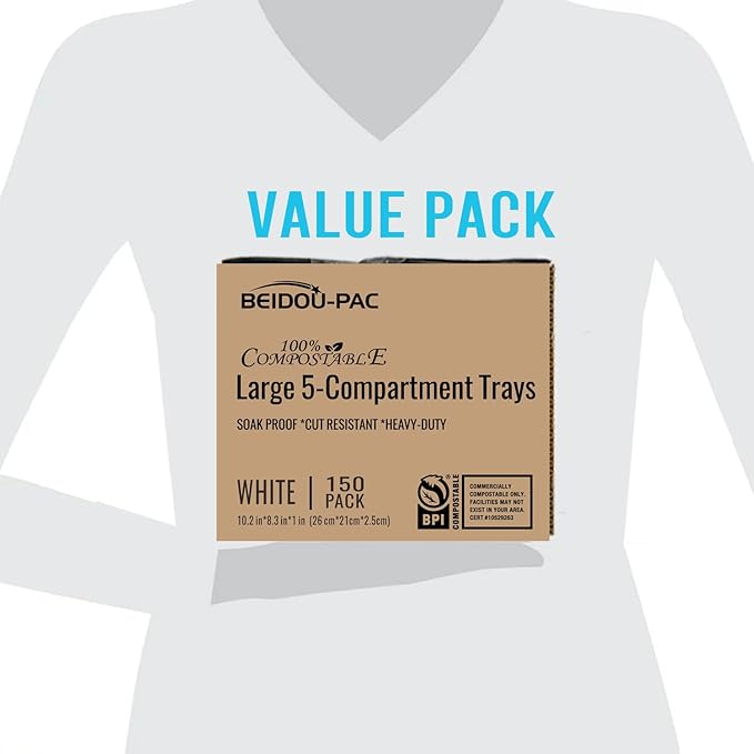 5 Compartment Compostable Heavy Duty Disposable Paper Plates, 150 Count | 10.3" X 8.3" | Natural Bagasse, White Biodegradable Eco-Friendly School Lunch, Buffet, Party Sugarcane Tray