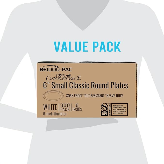Small Compostable Heavy Duty Disposable Paper Plates, 300 Count | 6 Inch Round | Natural Bagasse, White Biodegradable Eco-Friendly Sugarcane Sandwich, Cake, Snack Dessert Tray