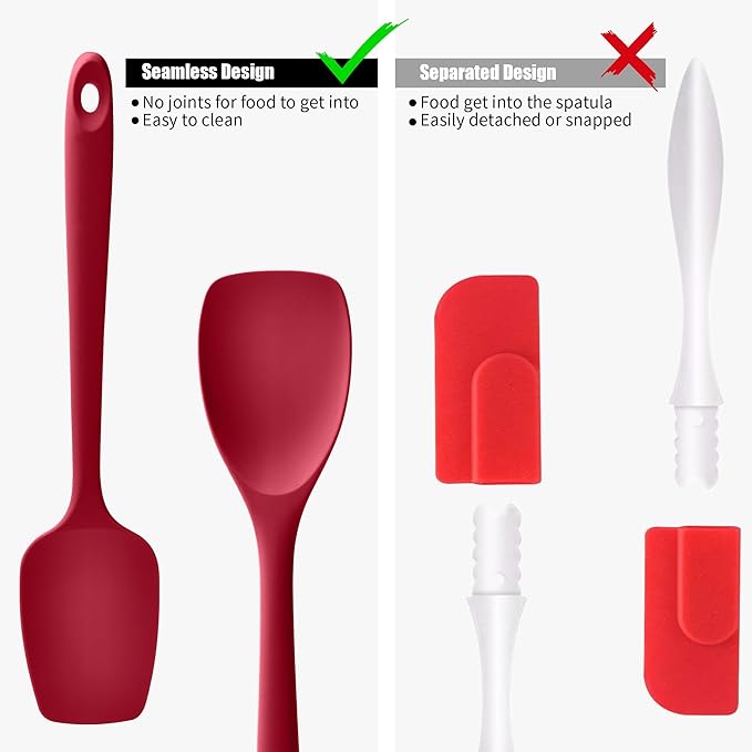 Doosu Silicone Spoon Spatula Set of 2, 600쨘F Heat-Resistant Food Grade Rubber Spoonula with Seamless Design, Non-Stick Dishwasher Safe Kitchen Utensils for Cooking, Baking, Mixing, Scraping (Red)