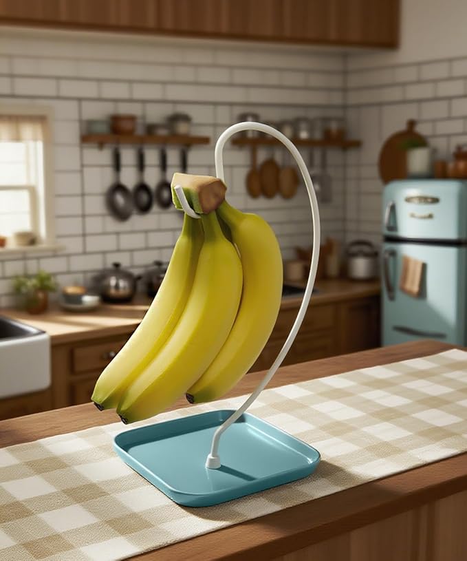VROOMIUM Banana Holder Stand with Ceramic Bowl - Holds Up to 5 Pounds Bananas, Hassle-free Cleaning, Stylish and Chic Design Banana Rack, Blue