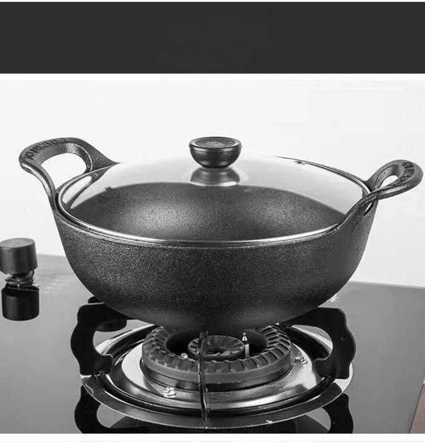 cast iron Dutch oven large-capacity pot with lid is used for baking bread and stewing meat-heavy-duty casting cooker iron pot is used for stewing, baking and bread baking. (Glass cover, 9.84in*3.4in)