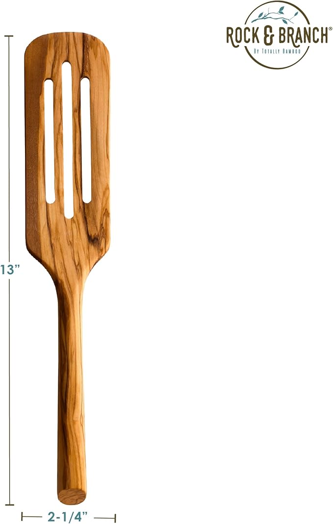 Rock & Branch Olive Wood Slotted Spurtle, Wooden Spatula for Cooking, Safe for Nonstick Cookware, 13" Long