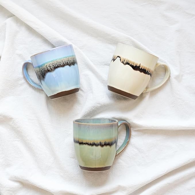 Bosmarlin Ceramic Coffee Mug Set of 4, 17 Oz, Coffee Cups with Big Handle, Microwave Safe, Unique Reactive Glaze (17 Oz, Turquoise Green Light)