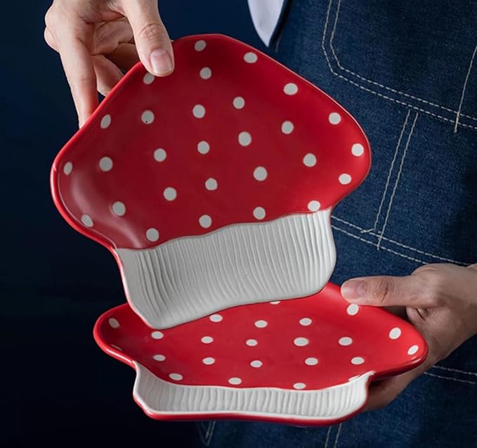 Mushroom Snack Plate, 8 in Polka Dot Safety Ceramic Dessert Appetizer Plates, Cute Sushi Dinner Plates, Pasta & More.