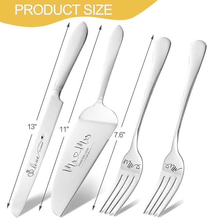 Wedding Cake Knife and Server Set, Mr Mrs Forks and Cake Cutting Set for Wedding for Couples 2025 (Silver)
