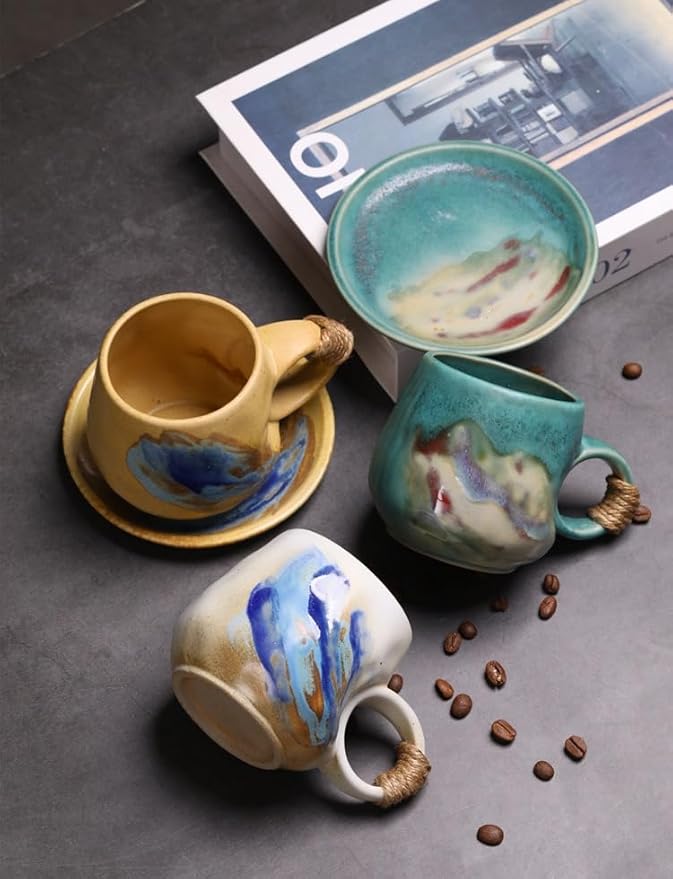 Small 8oz Unique Vintage Retro Japanese Handmade Ceramic Cappuccino Barista Cup with Saucer ??Artisanal Stoneware Coffee Mug,Handmade Pottery tea mug mor tea cup,Lead-Free Latte Art Mug, (1, White)