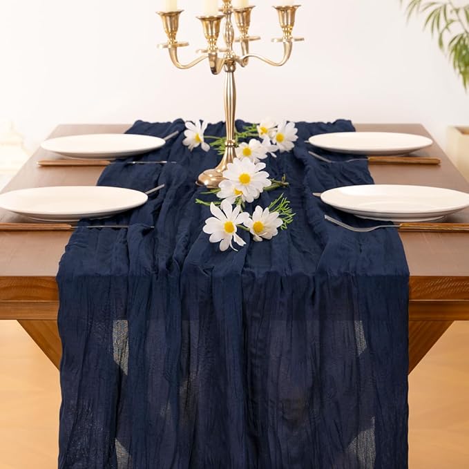 Socomi Navy Blue Valentine's Day Cheesecloth Table Runner Boho Rustic Gauze 120 inch 10FT Cheese Cloth Runner for Wedding Party Baby Shower Birthday Home Decor Holiday Decorations