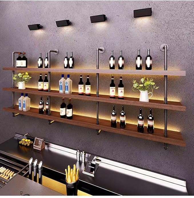 39 Inch Large Wall Mounted Wine Rack, 3 Tier Industrial Pipe Shelf Rustic Wood Floating Shelves, Wall Bar Shelves for Liquor Bottles Display Storage Organizer for Dining Room(Walnut, No Lights)