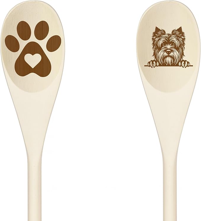 SKYE TERRIER Wooden Spoons for Cooking, Serving or Decorative Kitchen Utensils Set Dog Lover Dog Mom/Dad Gift with Peeking Dog Designs, Paw Print and Dog Head, Kitchen Utensils Set of 2