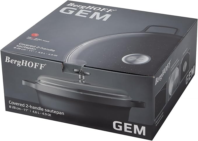 BergHOFF GEM Nonstick 11" Saut챕 Pan 4.9qt., Sturdy 2-Handle, Glass Lid, Ferno-Green, Non-Toxic PFOA-Free Coating, Ovensafe