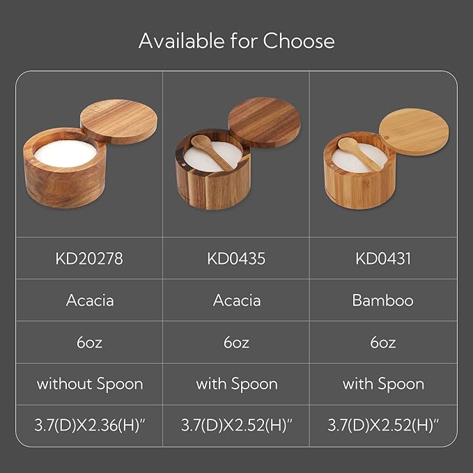 KITCHENDAO Bamboo Salt Cellar Bowl Box Container with Built-in Spoon, Elegant Kitchen Salt Dish Holder Saver Jar with Swivel Magnetic Lid to Storage Pepper Spice, 6OZ