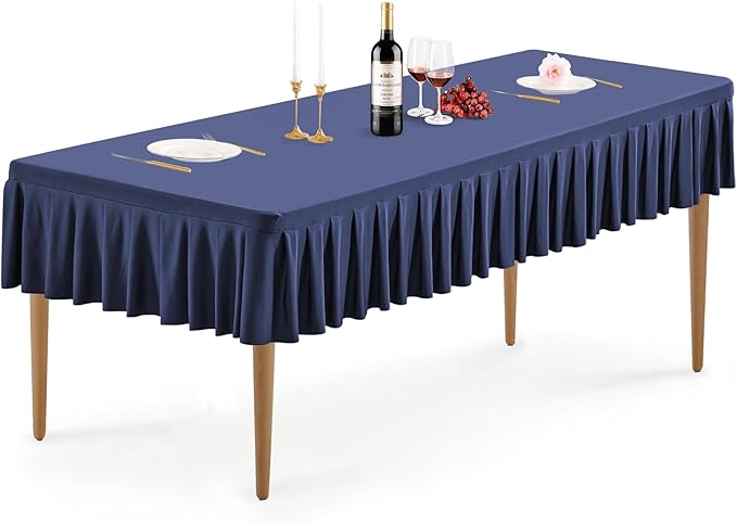 Wish Care Navy Blue Spandex Table Clothes for 6 Foot Rectangle Tables Wrinkle Free Stretch Fitted Tablecloth 6ft Pleated Ruffle Elastic Table Cover Skirt for Banquet Dining Home Party Tablecloth