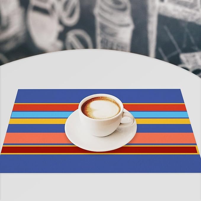 Modern Orange Blue Yellow Coral Stripes Placemat, Set of 4 Heat Resistant PVC Place Mats for Kitchen Table