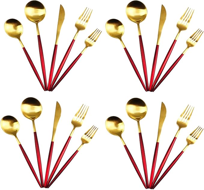 Gugrida 20-Piece 18/10 Stainless Steel Flatware Silverware, Luxury Dinnerware Set Travel Cutlery Tableware Include Knife Fork Spoon Service for 4, Dishwasher Safe (Red Handle Matte Gold)