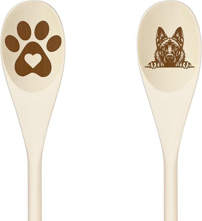 BELGIAN MALINOIS Wooden Spoons for Cooking, Serving or Decorative Kitchen Utensils Set Dog Lover Dog Mom/Dad Gift with Peeking Dog Designs, Paw Print and Dog Head, Kitchen Utensils Set of 2