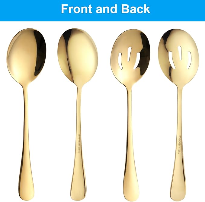 12-Piece Serving Set, 6 Serve Spoon & 6 Slotted Spoon, 8.7-Inch Stainless Steel Banquet Spoons, Large Utensils for Kitchen, Gold