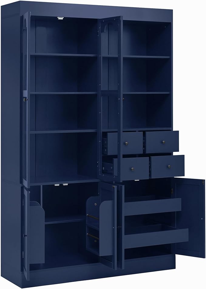 75-inch Tall Kitchen Pantry Cabinet, Freestanding Buffet with Hutch, Storage Cabinet with 4 Drawers, Door Shelves and Pull-Out Trays for Dining Room (Blue + MDF + Farmhouse)
