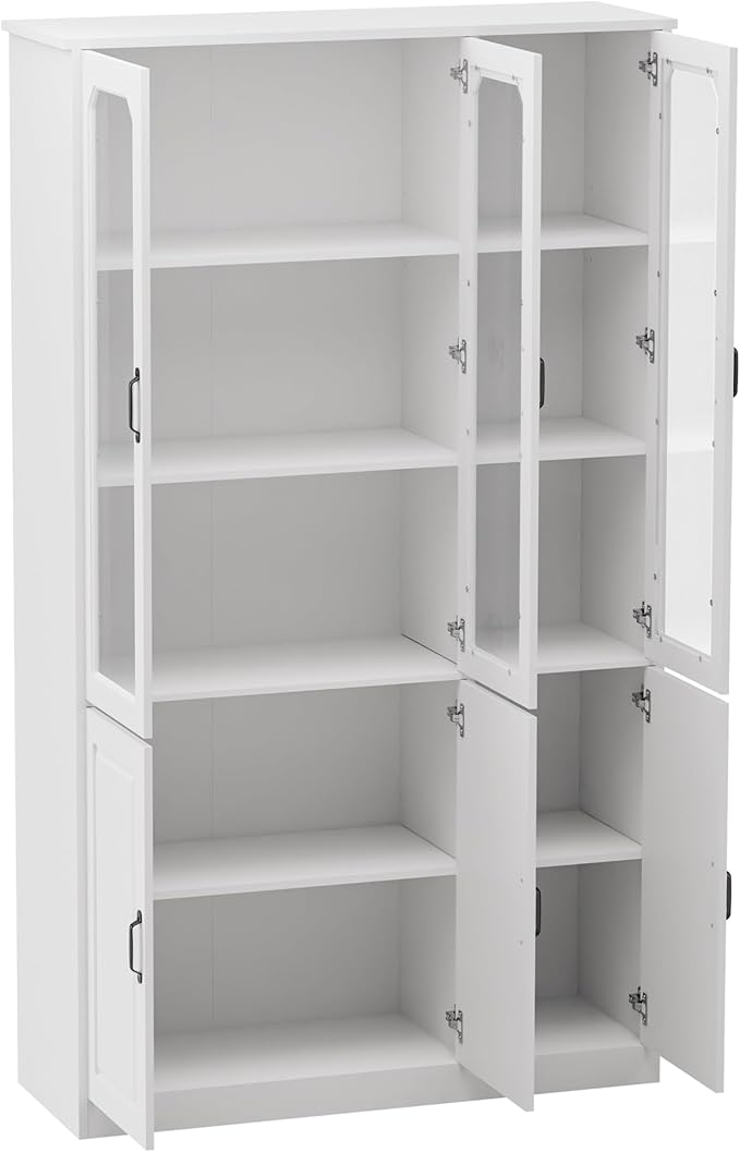 MU 78.7" Tall Kitchen Pantry with 3 Glass Doors, Freestanding China Cabinet with Adjustable Shelves, Large Kitchen Pantry Storage Cabinet Cupboard for Dining Room, Living Room, White (X-Large, 46" W)