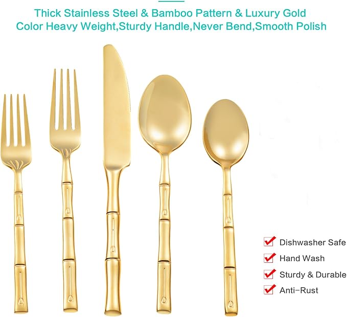 Flatware Set Gold Silverware Set with Bamboo Pattern Mirror Polished 20 Pieces Cutlery Set Housewarming Wedding Gift Service for 4