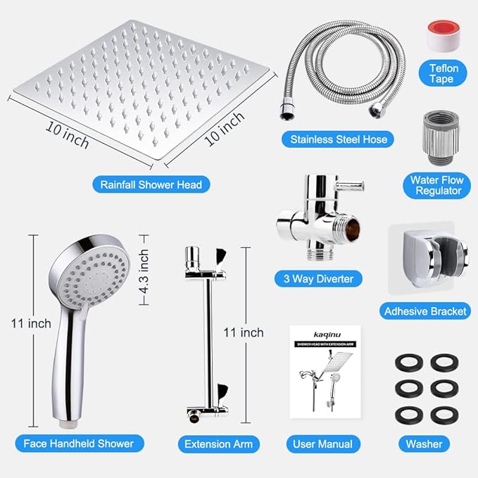 Shower Head, Kaqinu 10'' High Pressure Rainfall Shower Head/Handheld Showerhead Combo with 11??Extension Arm, Anti-leak Shower Head with Holder/Hose, Flow Regulator - Chrome