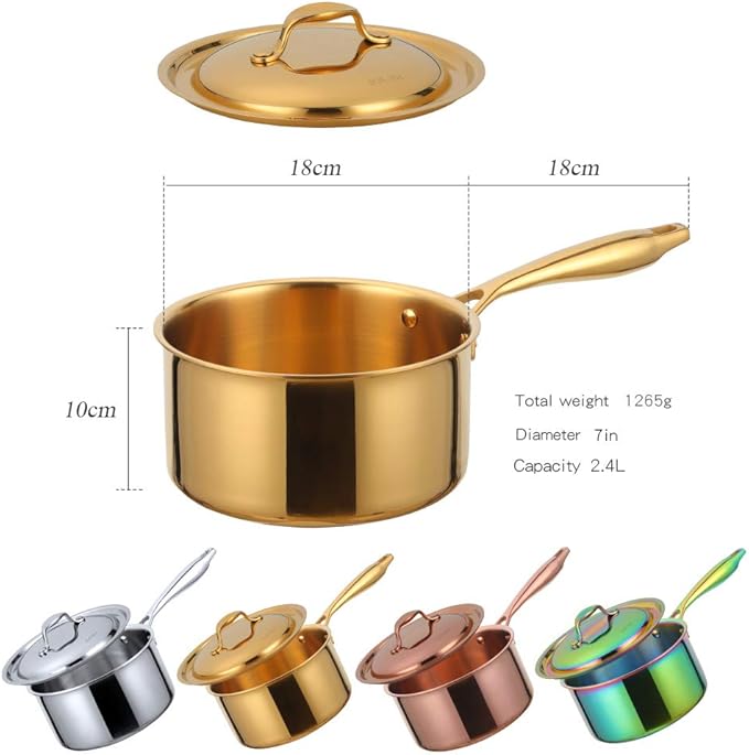 BuyGo 18/8 Stainless Steel Saucepan, 2.5 Quart Rainbow Pan with Heat Resistant Long Handle, 3-Layer Multipurpose Cookware Pot, Compatible Stovetops: Gas, Electric, Dishwasher Safe