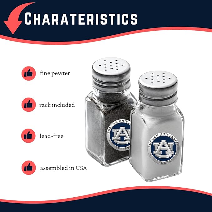 Heritage Pewter University of Auburn Tigers Salt and Pepper Shaker Set of 2 Bottles | Expertly Crafted Pewter Glass