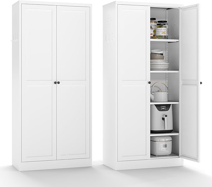 5-Tier White Steel Pantry Storage Cabinet with 2 Doors & 4 Adjustable Shelves, Tall Metal Cabinets for Kitchen, Living Room, Garage, Heavy Duty Freestanding Utility Cabinet, Assembly Require
