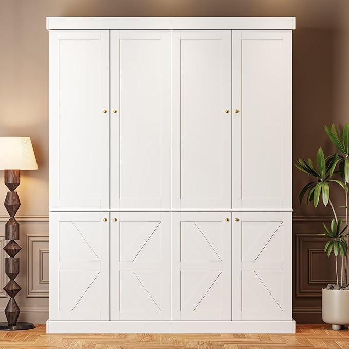 Vyre 70.8" Tall White Bookshelf with Doors, Farmhouse Modular Bookcase with 4-Tier Adjustable Shelves, Large Storage Cabinet for Home Office, Living Room