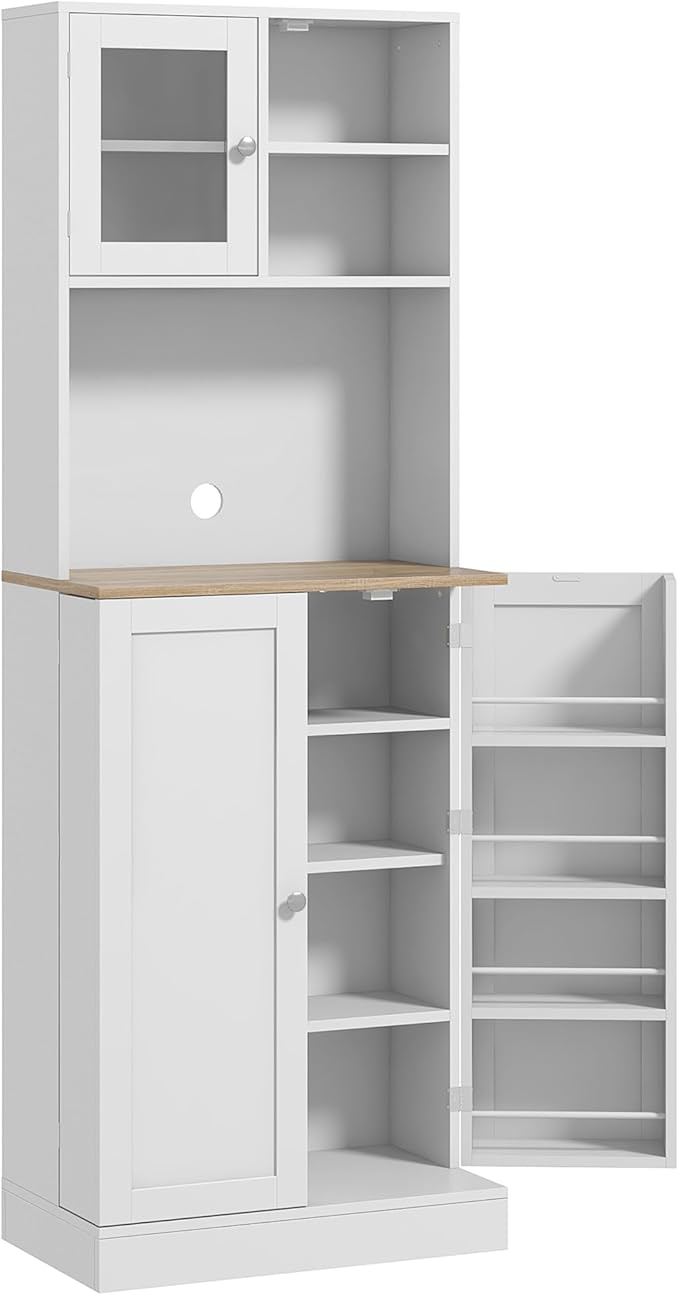 Zateety 66.5" Pantry Cabinet with Microwave Stand, Freestanding Kitchen Storage Cabinet with Hutch, 8 Door Shelves, Adjustable Shelves, Food Pantry Cabinet for Dining Room, White