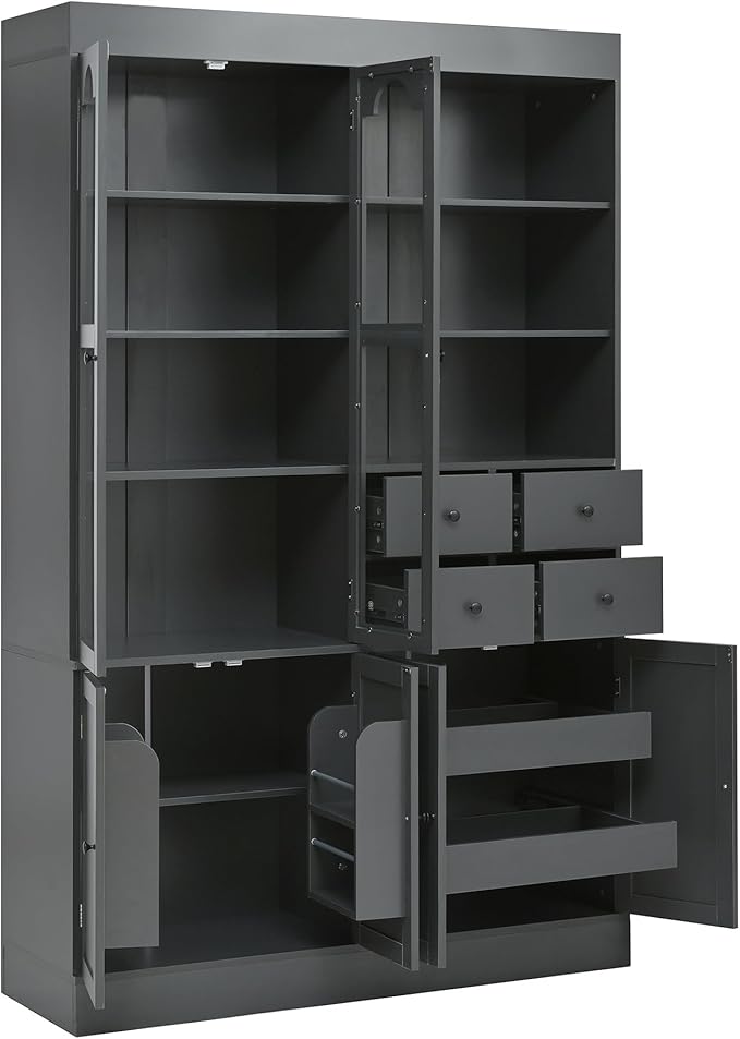 75-inch Tall Kitchen Pantry Cabinet, Freestanding Buffet with Hutch, Storage Cabinet with 4 Drawers, Door Shelves and Pull-Out Trays for Dining Room (Gray + MDF + Farmhouse)