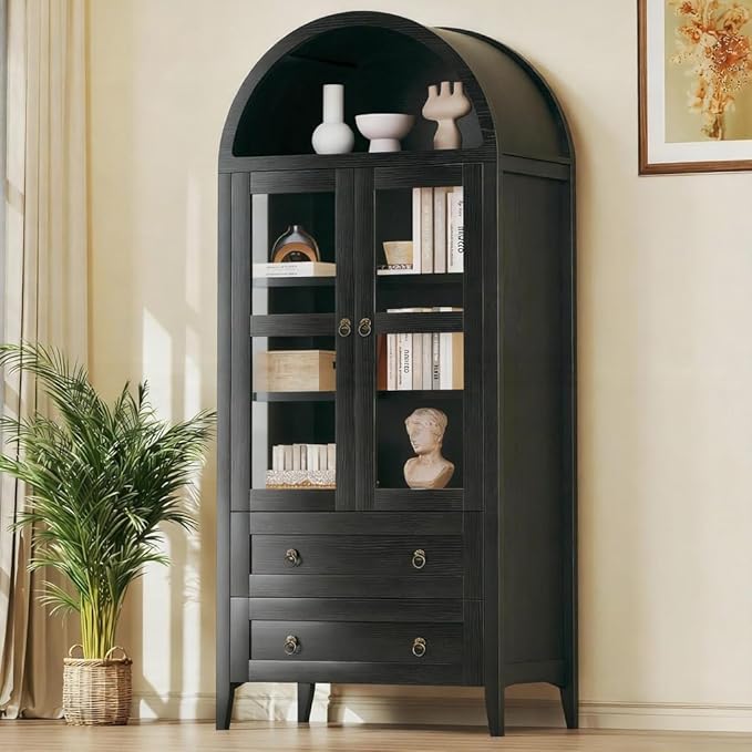 71" Tall Arched Kitchen Pantry, Arched Cabinet, Kitchen Storage Cabinets with 2 Large Drawers & Adjustable Shelves & Glass Door for Living Room, Dining Room, Black