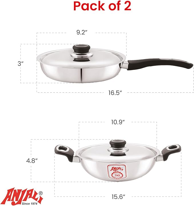 ANJALI Fiesta Pro Stainless Steel Fry Pan & Kadai Set ??8.7 Inch Frying Pan and 10.2 Inch Kadai ??Induction & Gas Compatible Cookware with Stay-Cool Handles