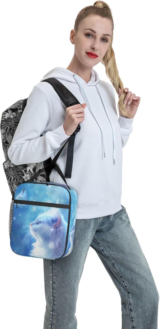 VANZEV Insulated Lunch Box for Women Men, Cat Butterfly Theme Lunch Box Reusable Portable Lunch Bag Cooler Tote Waterproof Lunch Container for Office Picnic Work Travel