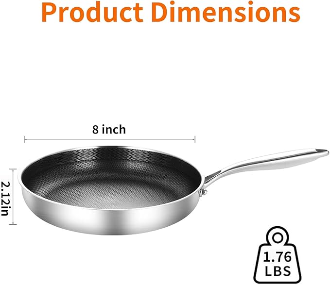 DELARLO 8 inch Tri-Ply Stainless Steel Omelette Pans Nonstick Frying Pan, 8" Small Egg Pan Durable Chef's Pan,Induction Kitchen Skillets, Compatible with All Cooktops