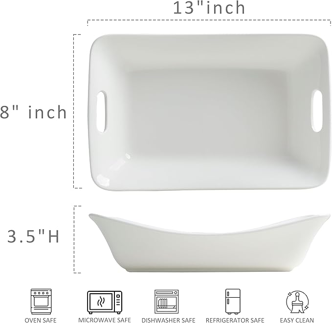 LEHAHA Large Serving Bowls with Handles, Set of 2 White Porcelain Bowl Set, Durable Ceramic Salad Bowls, 2 Quarts Rectangular Serving Platter for Turkey, Fruit Salad Serving Dishes for Entertaining